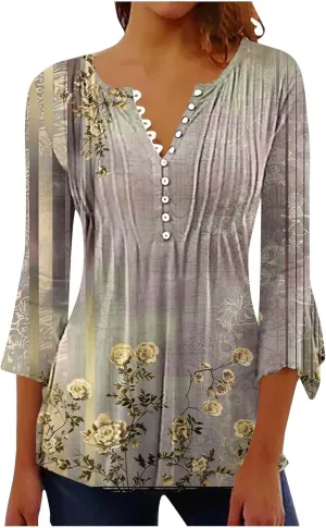Women's Summer Tops Vintage Print Button Down 3/4 Sleeve Shirts Causal Empire Waist Boho Floral Print Tunic Shirts