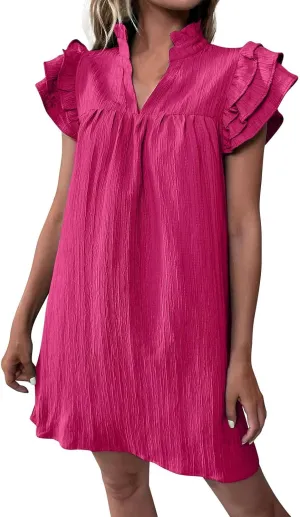 Womens Summer V-Neck Ruffle Cap Short Sleeve Pockets Mini Dress Sundress Boho Hawaiian Floral Tank Babydoll Dresses