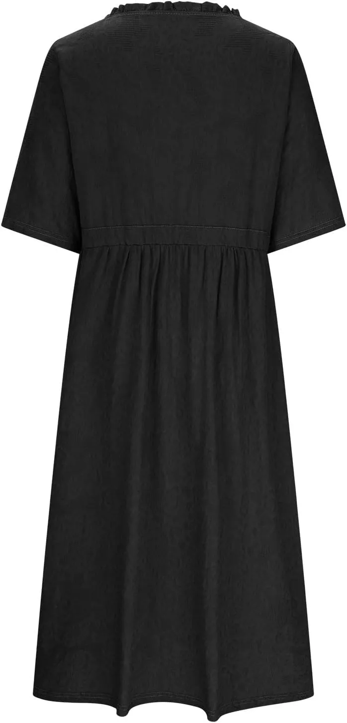 Women's Summer Vintage Jacquard Short Sleeve A Line Shirt Dress Cotton V Neck Button Drawstring Beach Midi Dresses