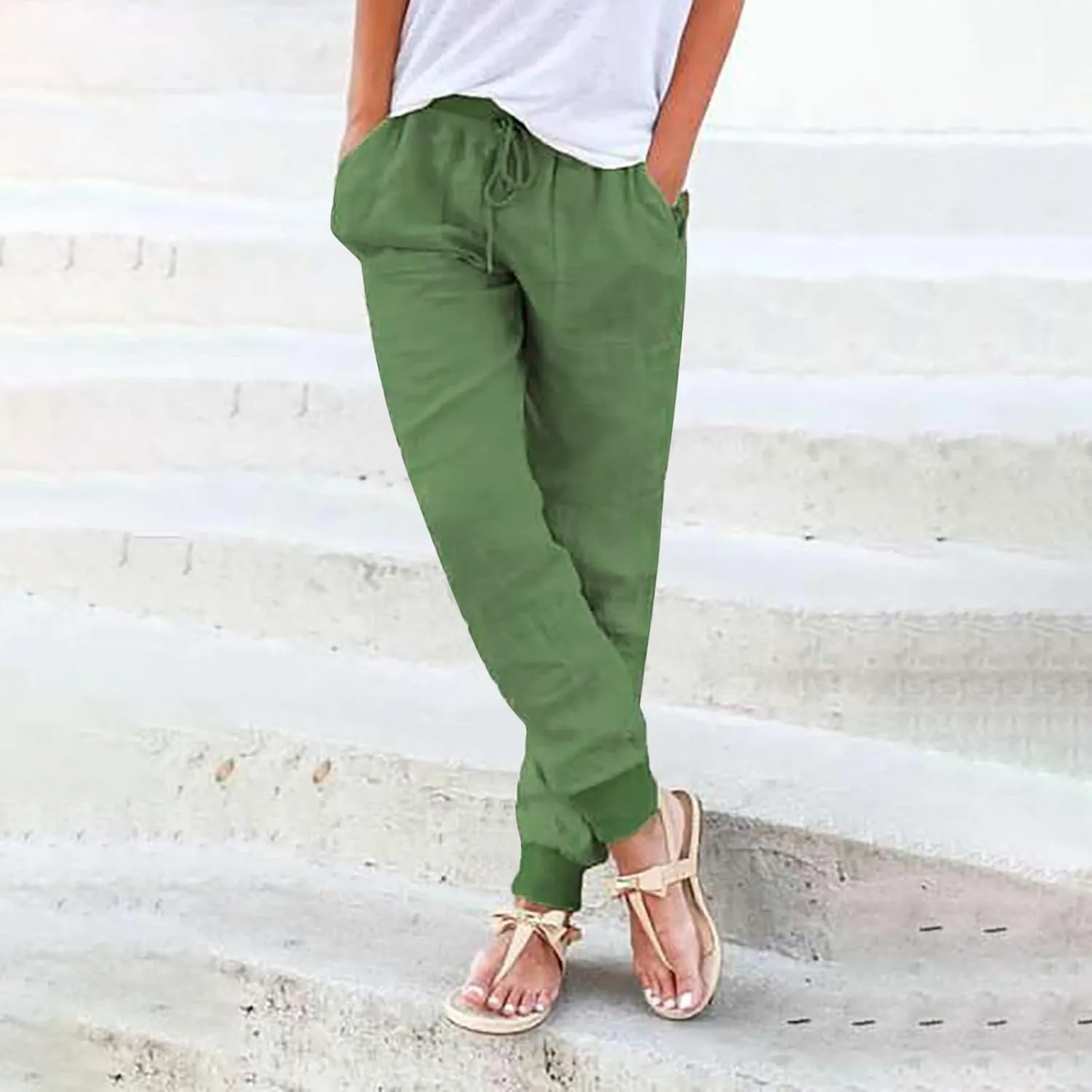 Womens Tapered Pants, Casual Linen Pants Women Drawstring Back Elastic Waist Pants Business Casual Pants Teacher Trousers