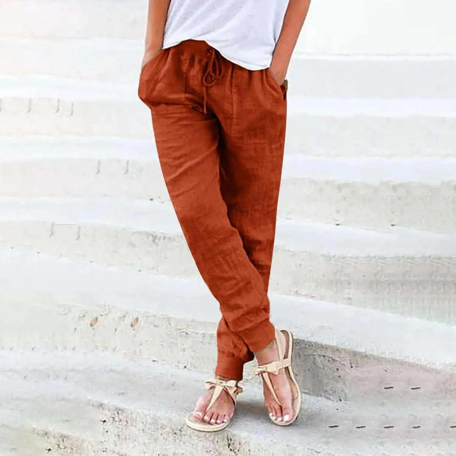 Womens Tapered Pants, Casual Linen Pants Women Drawstring Back Elastic Waist Pants Business Casual Pants Teacher Trousers