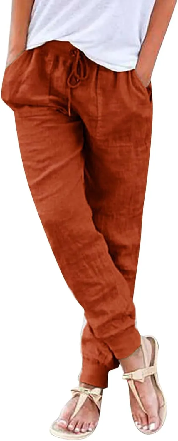 Womens Tapered Pants, Casual Linen Pants Women Drawstring Back Elastic Waist Pants Business Casual Pants Teacher Trousers