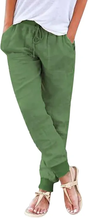 Womens Tapered Pants, Casual Linen Pants Women Drawstring Back Elastic Waist Pants Business Casual Pants Teacher Trousers