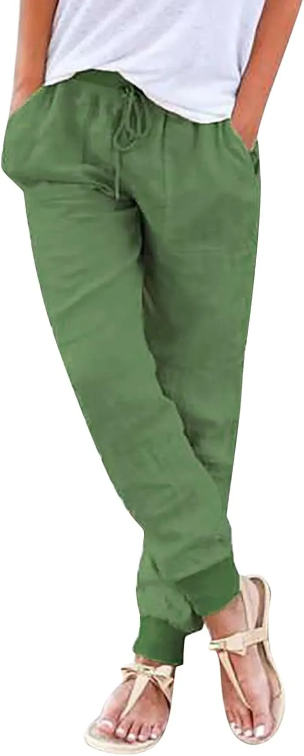 Womens Tapered Pants, Casual Linen Pants Women Drawstring Back Elastic Waist Pants Business Casual Pants Teacher Trousers