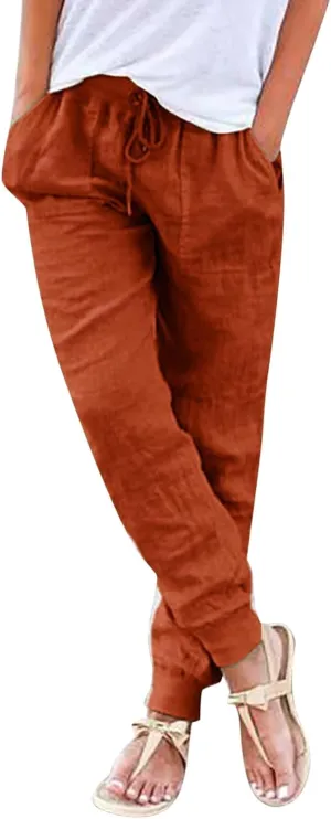 Womens Tapered Pants, Casual Linen Pants Women Drawstring Back Elastic Waist Pants Business Casual Pants Teacher Trousers
