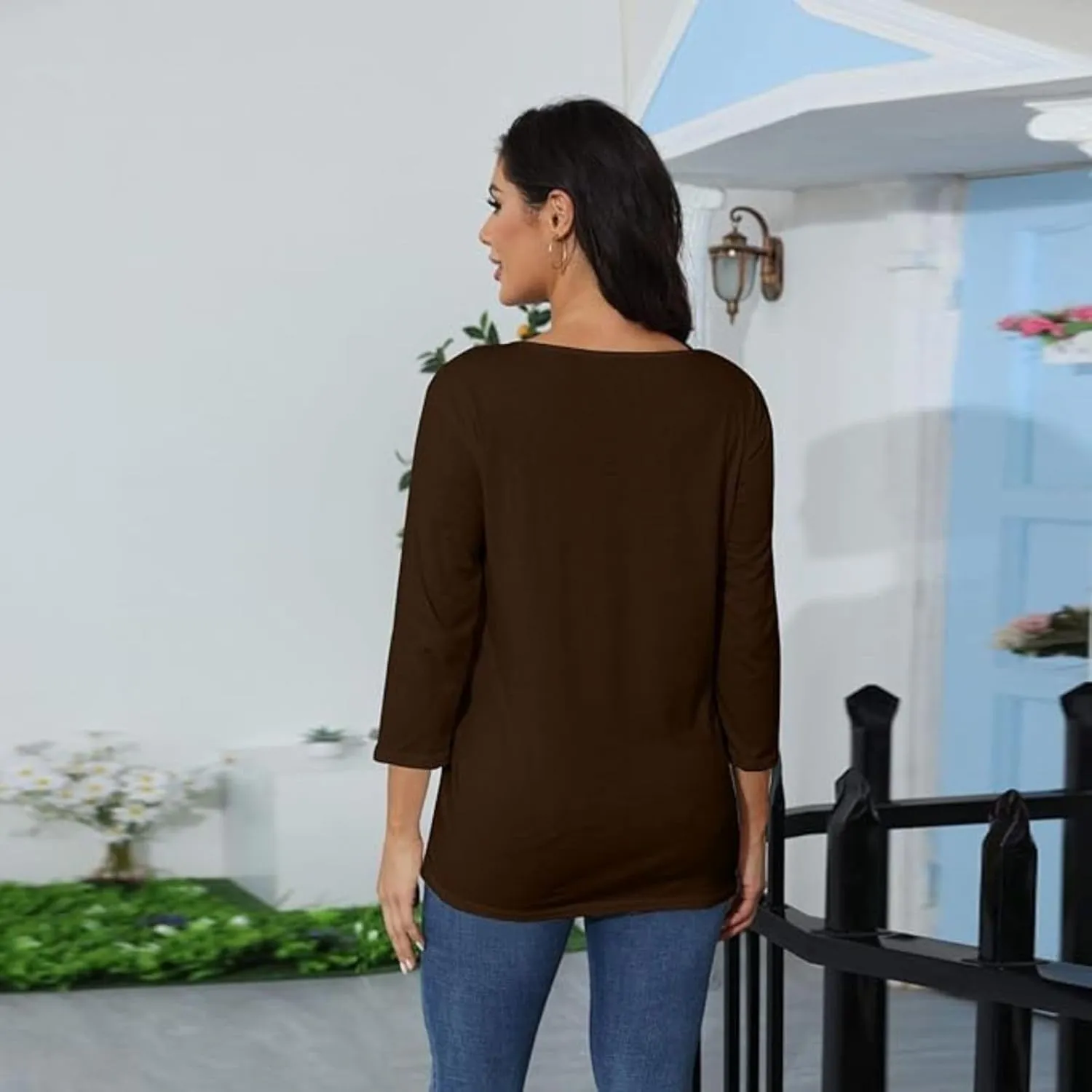 Womens Tops 3/4 Sleeve Shirts Crew Neck Loose Casual Dressy Blouses Floral Fashion Print Tshirts Plain Basic Cute Tees