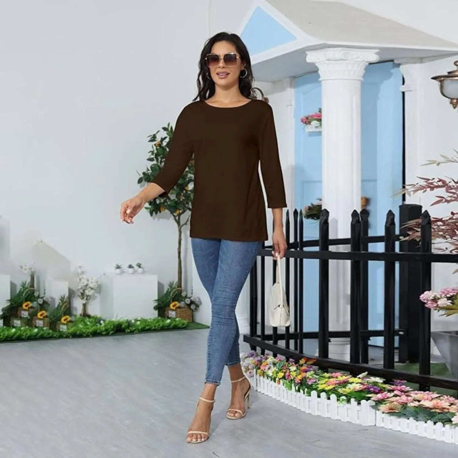 Womens Tops 3/4 Sleeve Shirts Crew Neck Loose Casual Dressy Blouses Floral Fashion Print Tshirts Plain Basic Cute Tees
