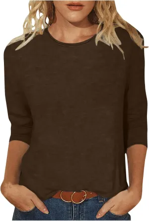 Womens Tops 3/4 Sleeve Shirts Crew Neck Loose Casual Dressy Blouses Floral Fashion Print Tshirts Plain Basic Cute Tees