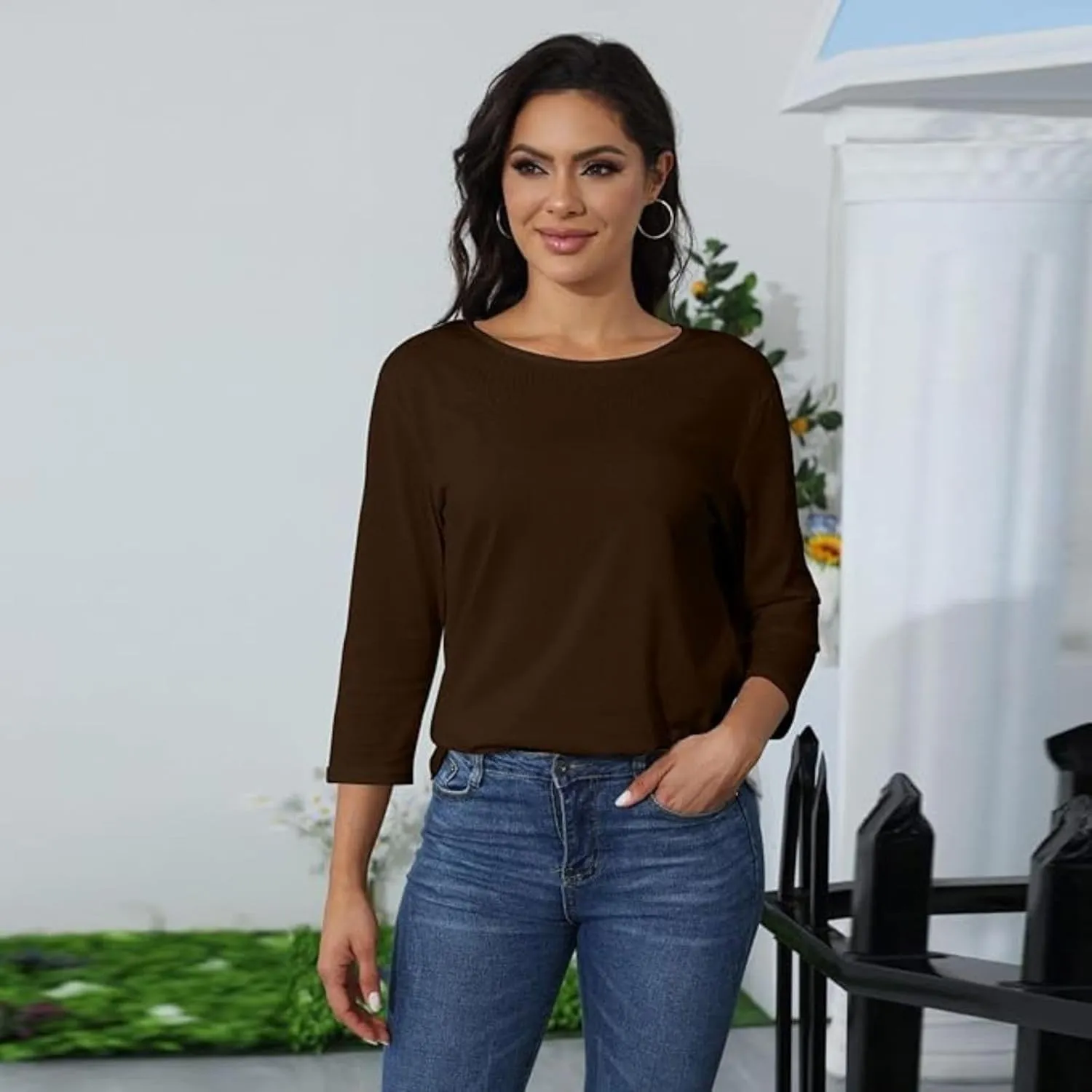 Womens Tops 3/4 Sleeve Shirts Crew Neck Loose Casual Dressy Blouses Floral Fashion Print Tshirts Plain Basic Cute Tees