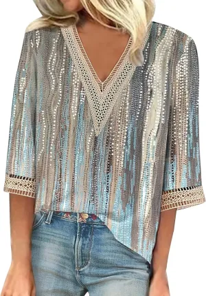 Womens Tops Casual 3/4 Sleeve Summer Tops for Women Lace Trim V Neck Shirts Summer Blouses Floral Print Clothing