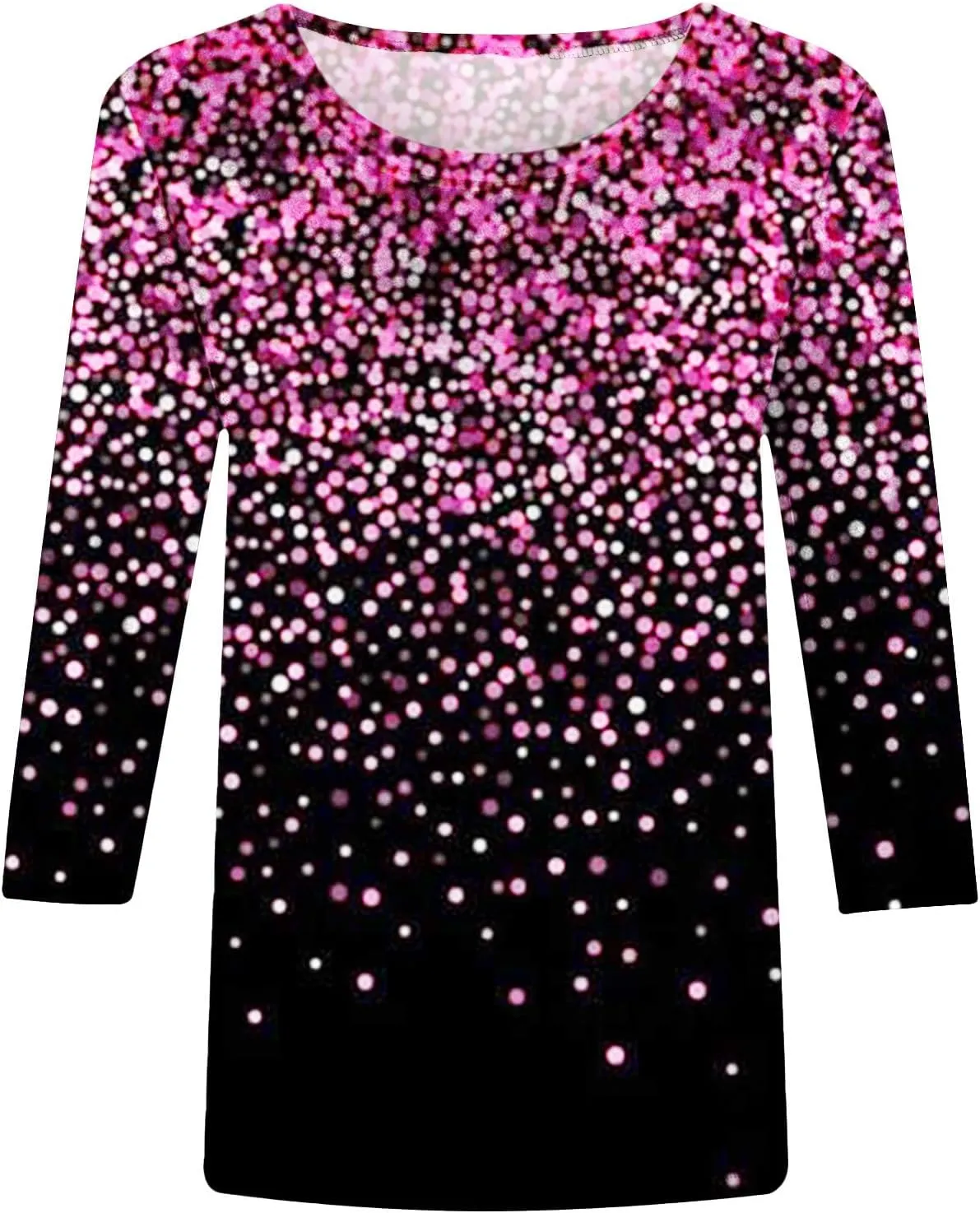 Womens Tops Dressy Casual 3/4 Sleeve Round Neck Shirt Funny False Sequin Print Loose Blouse Spring Summer Fashion Top