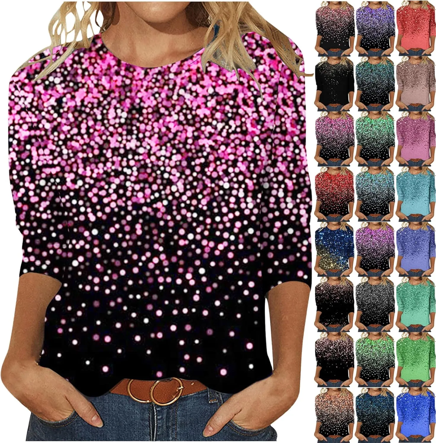 Womens Tops Dressy Casual 3/4 Sleeve Round Neck Shirt Funny False Sequin Print Loose Blouse Spring Summer Fashion Top