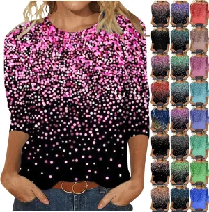 Womens Tops Dressy Casual 3/4 Sleeve Round Neck Shirt Funny False Sequin Print Loose Blouse Spring Summer Fashion Top