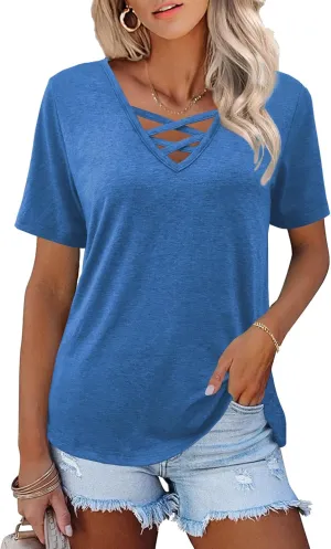 Womens Tops Short Sleeve V Neck Shirts Loose Casual Blouses Summer Tees Criss Cross