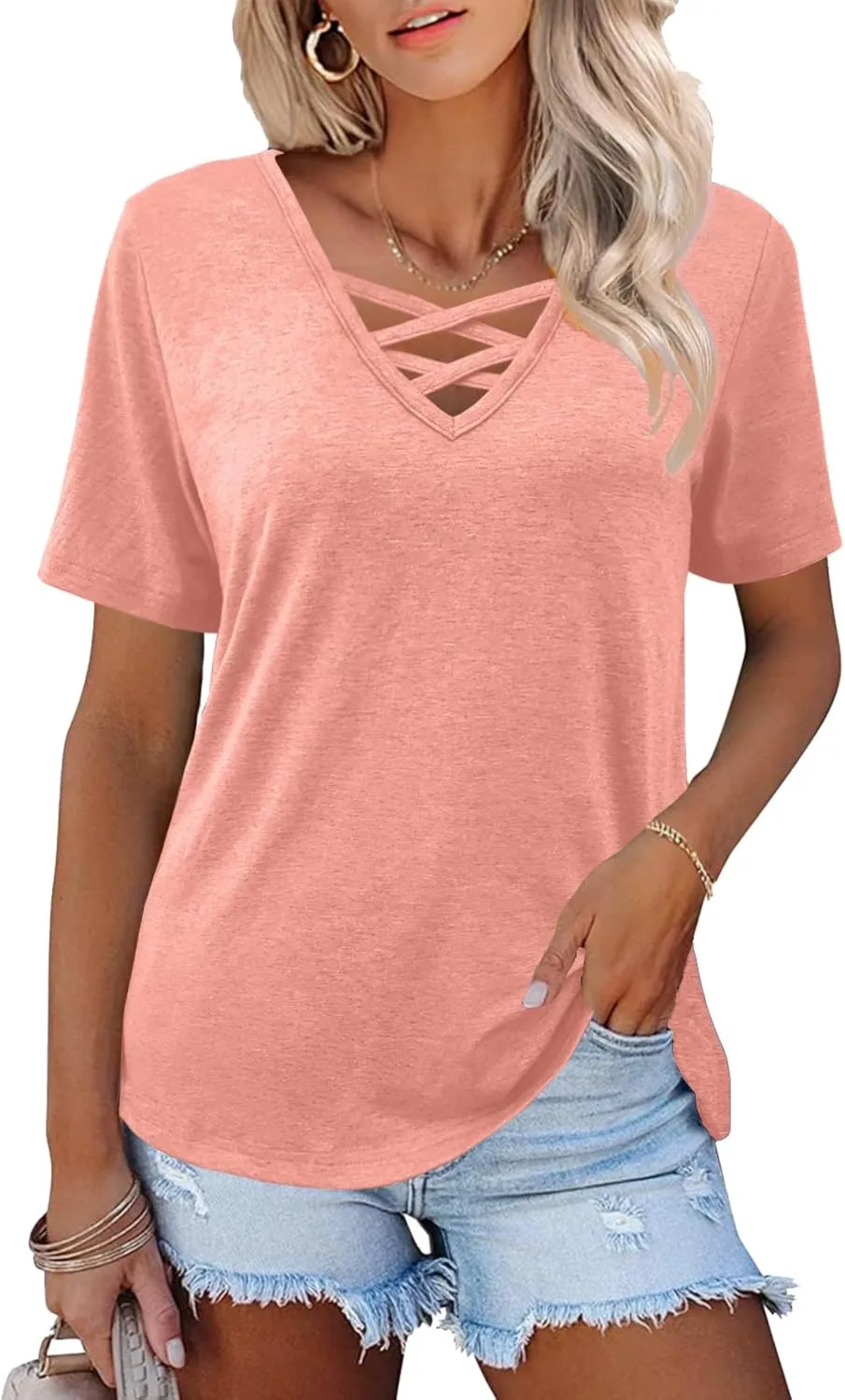 Womens Tops Short Sleeve V Neck Shirts Loose Casual Blouses Summer Tees Criss Cross