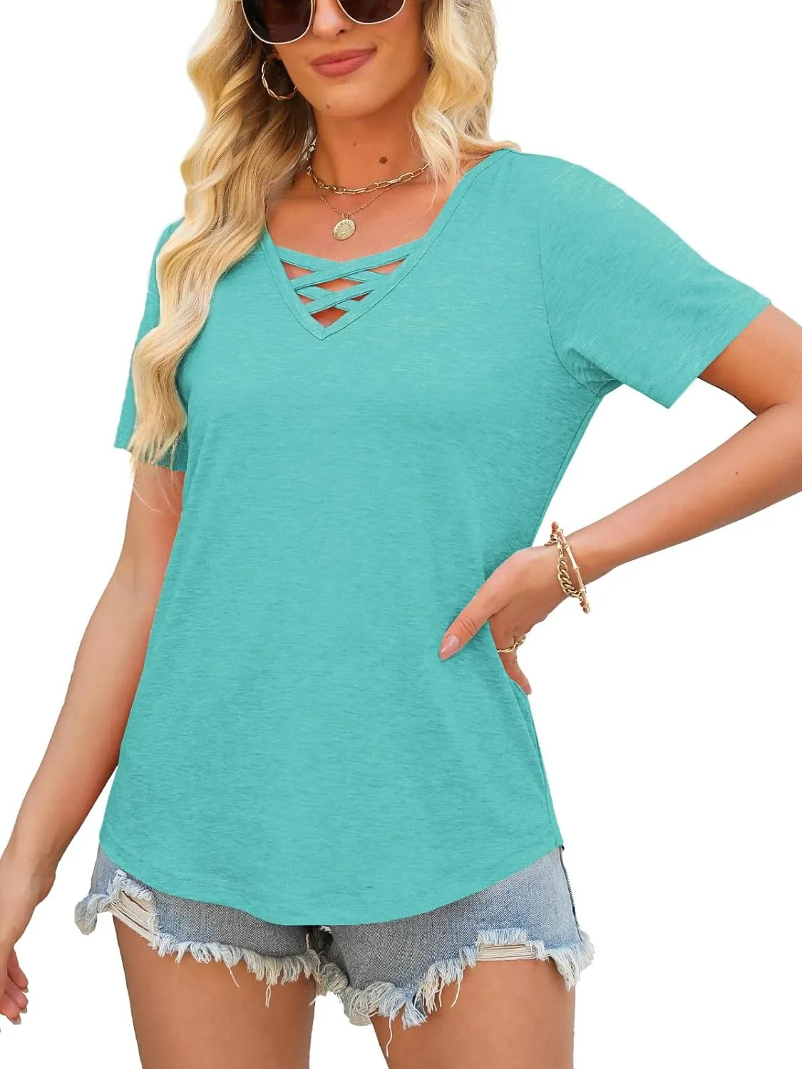Womens Tops Short Sleeve V Neck Shirts Loose Casual Blouses Summer Tees Criss Cross