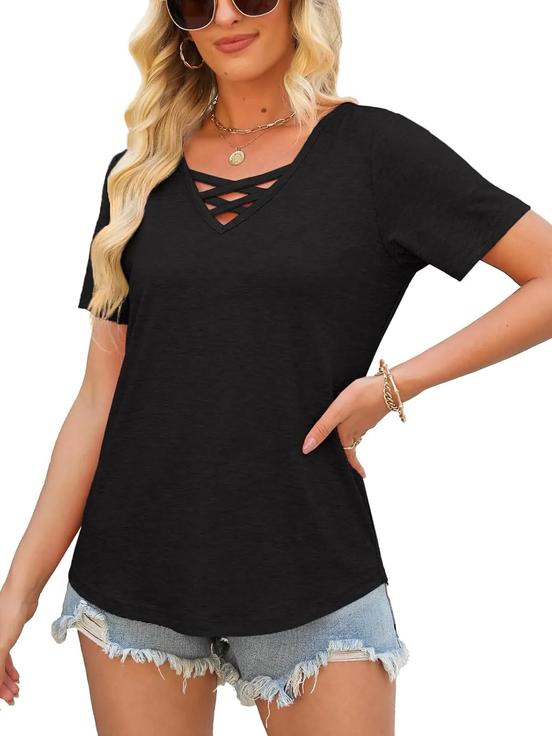 Womens Tops Short Sleeve V Neck Shirts Loose Casual Blouses Summer Tees Criss Cross
