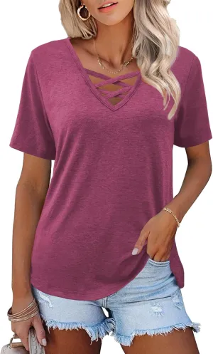 Womens Tops Short Sleeve V Neck Shirts Loose Casual Blouses Summer Tees Criss Cross