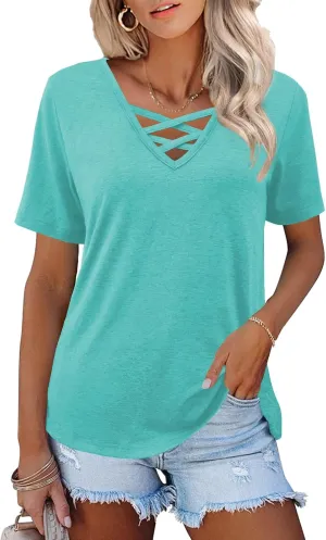 Womens Tops Short Sleeve V Neck Shirts Loose Casual Blouses Summer Tees Criss Cross