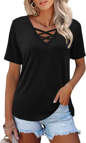 Womens Tops Short Sleeve V Neck Shirts Loose Casual Blouses Summer Tees Criss Cross