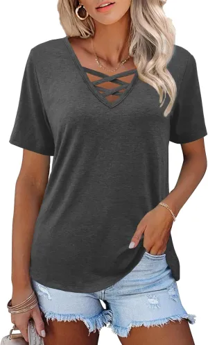 Womens Tops Short Sleeve V Neck Shirts Loose Casual Blouses Summer Tees Criss Cross