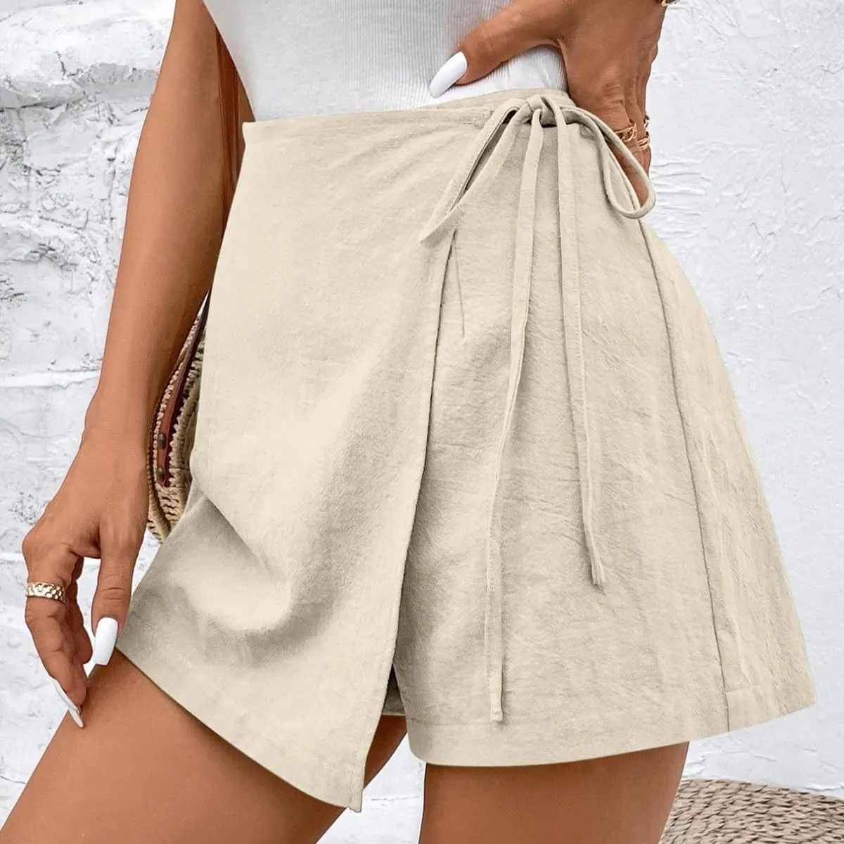 Women's wrap Culottes, Casual Pleated mini Skirt, Solid Color Slim Skirt with Side Elastic Waistband