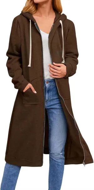 Womens Zip Up Hoodies Knee Length Tunic Sweatshirts Oversized Fleece Long Sleeve Jackets Workout Tops with Pockets