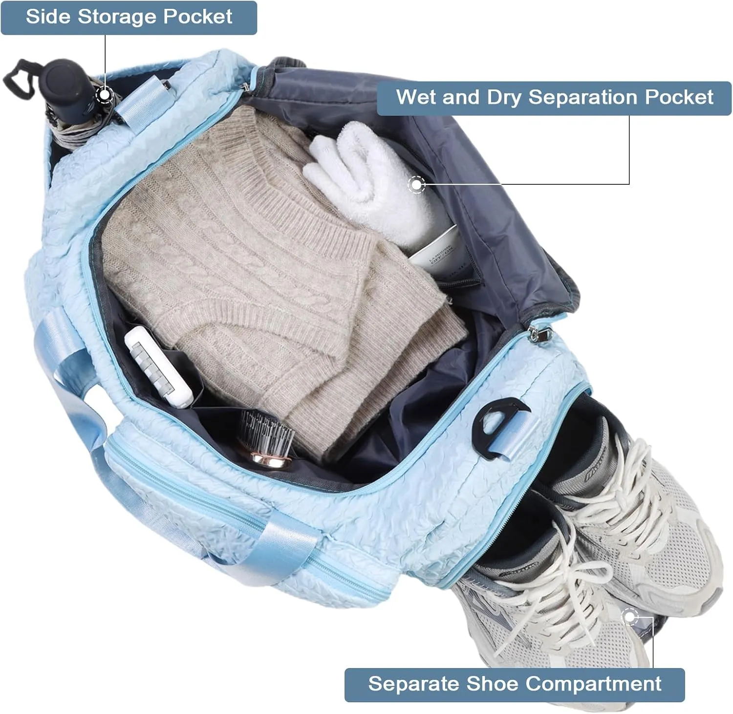 WOOMADA Foldable Travel Duffel Bag with Shoes Compartment, Overnight Bag with Wet Pocket & Trolley Sleeve, Weekender Bags for Women (blue stripe)