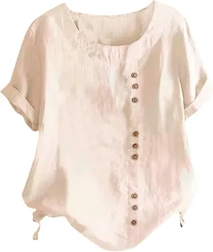 Workout Tops for Women Plus Size Oversized Crew Neck Linen Tops for Women Short Sleeve Cotton Blend Tee Shirts