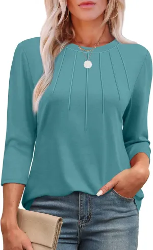 XIEERDUO 3/4 Length Sleeve Womens Tops Round Neck Casual Tunic Tops Basic Pleated Shirts Loose Fit 2025