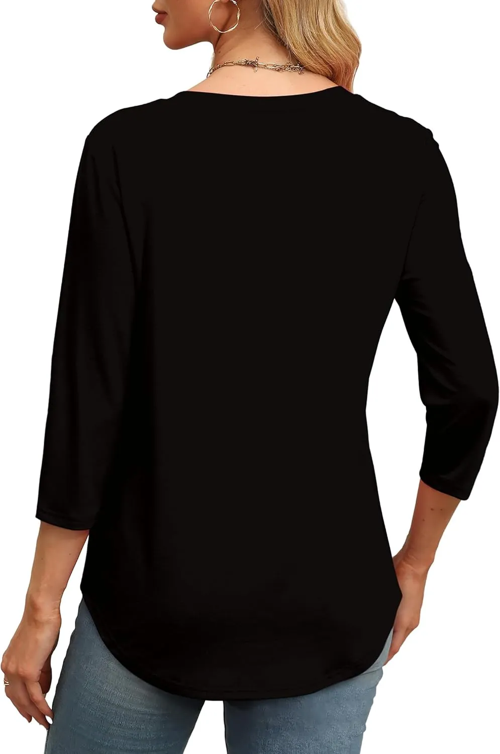 XIEERDUO 3/4 Length Sleeve Womens Tops Round Neck Casual Tunic Tops Basic Pleated Shirts Loose Fit 2025