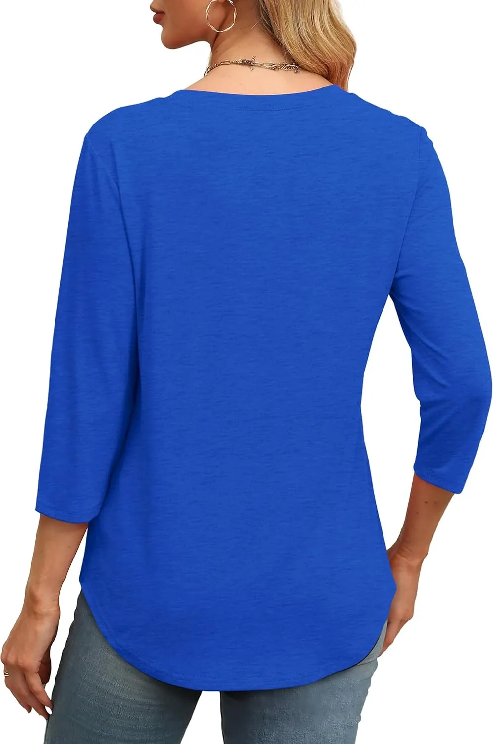 XIEERDUO 3/4 Length Sleeve Womens Tops Round Neck Casual Tunic Tops Basic Pleated Shirts Loose Fit 2025
