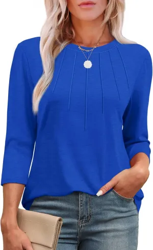 XIEERDUO 3/4 Length Sleeve Womens Tops Round Neck Casual Tunic Tops Basic Pleated Shirts Loose Fit 2025