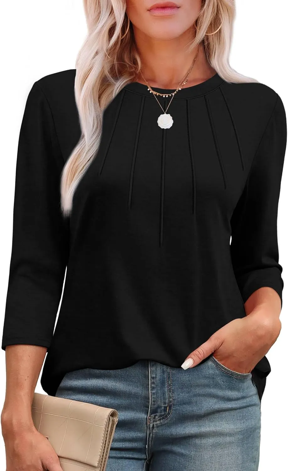 XIEERDUO 3/4 Length Sleeve Womens Tops Round Neck Casual Tunic Tops Basic Pleated Shirts Loose Fit 2025
