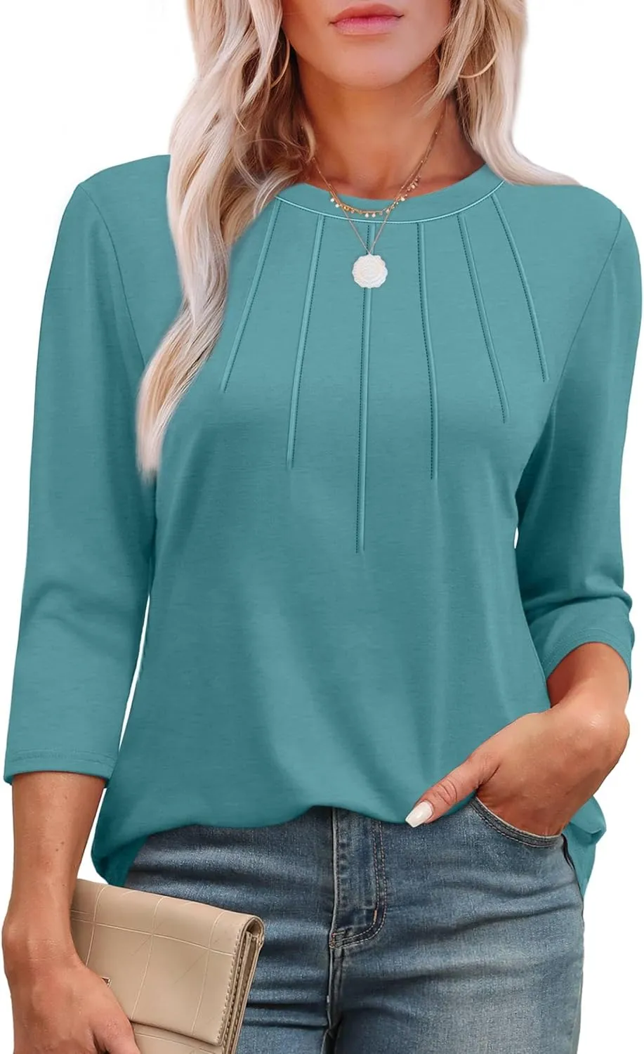 XIEERDUO 3/4 Length Sleeve Womens Tops Round Neck Casual Tunic Tops Basic Pleated Shirts Loose Fit 2025