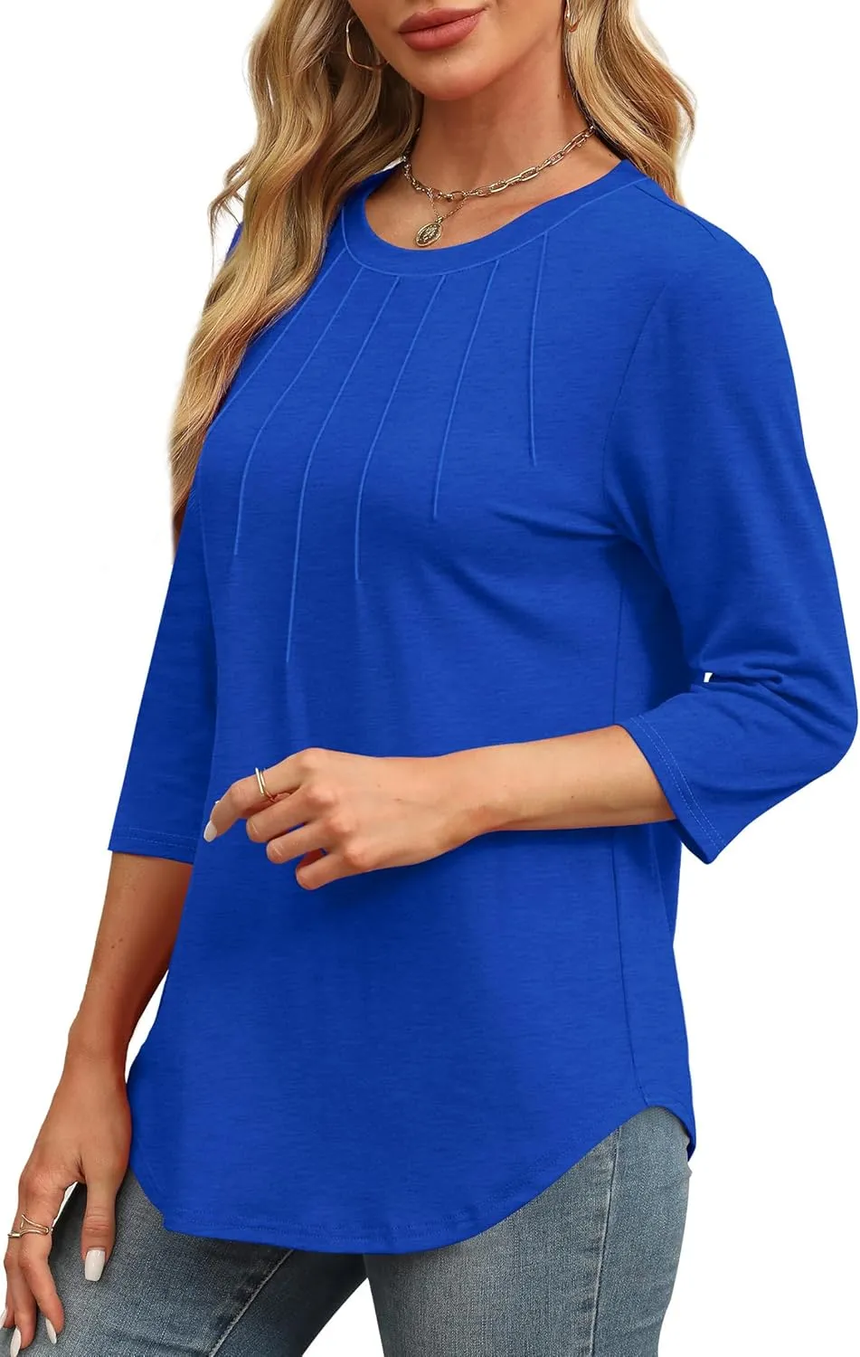 XIEERDUO 3/4 Length Sleeve Womens Tops Round Neck Casual Tunic Tops Basic Pleated Shirts Loose Fit 2025