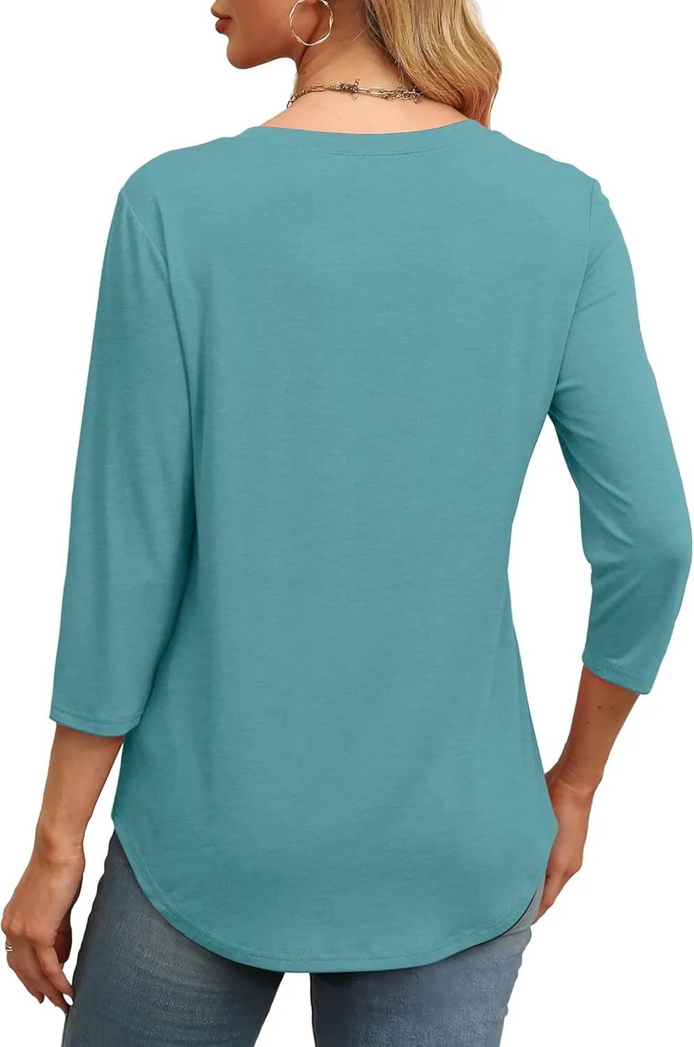 XIEERDUO 3/4 Length Sleeve Womens Tops Round Neck Casual Tunic Tops Basic Pleated Shirts Loose Fit 2025