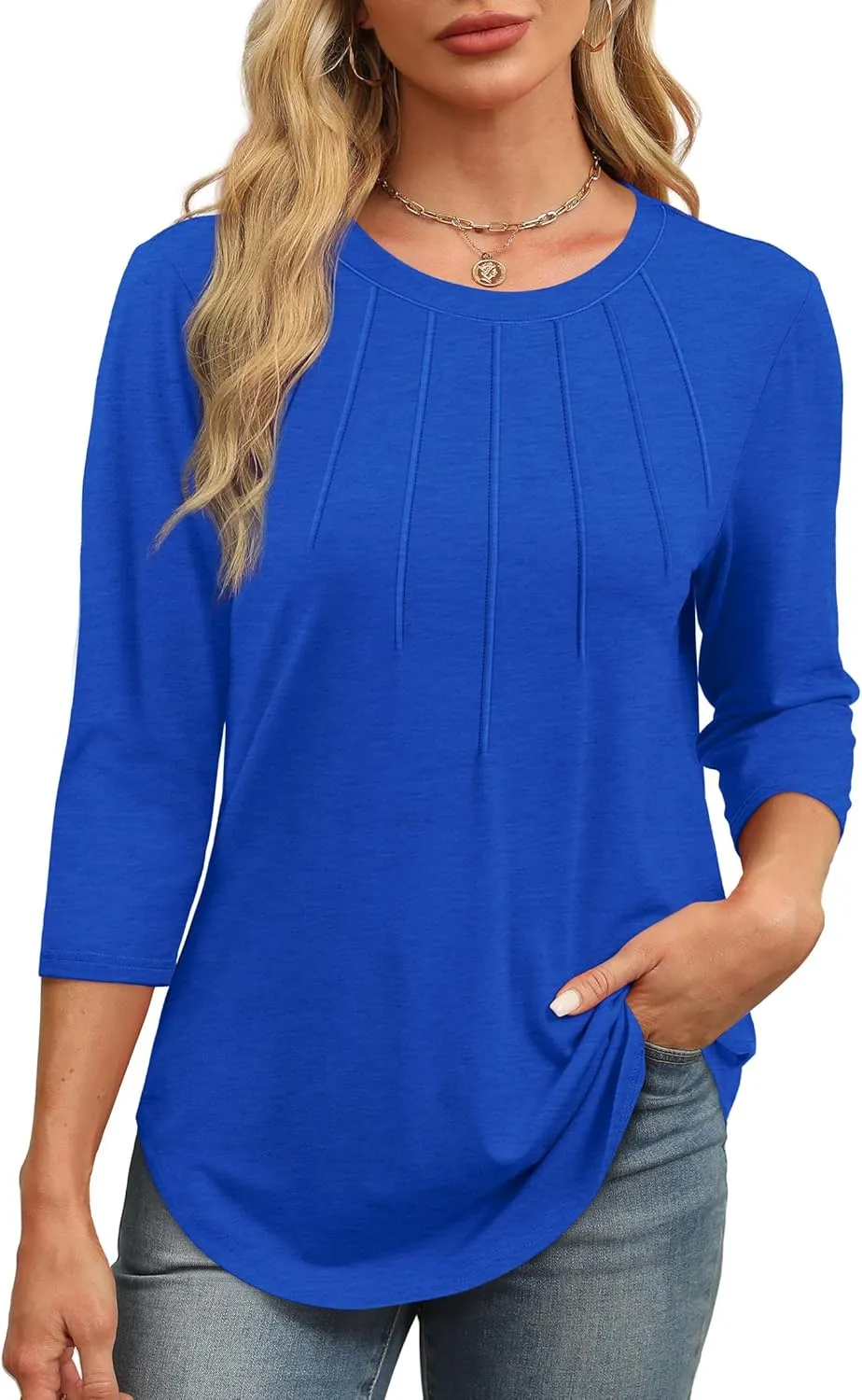 XIEERDUO 3/4 Length Sleeve Womens Tops Round Neck Casual Tunic Tops Basic Pleated Shirts Loose Fit 2025