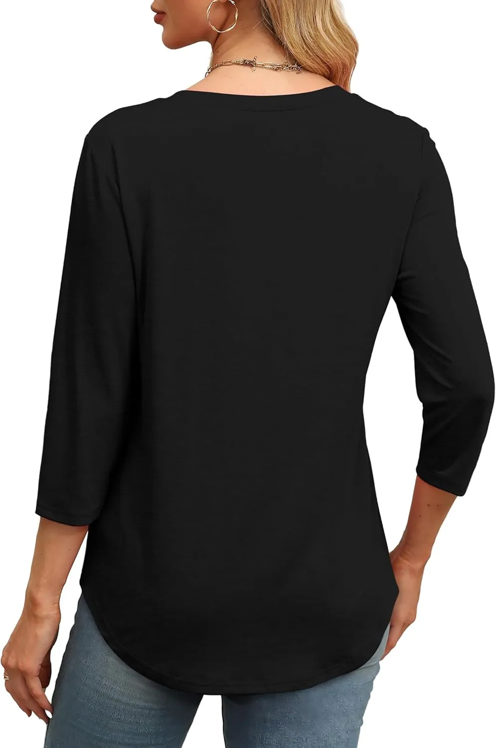 XIEERDUO 3/4 Length Sleeve Womens Tops Round Neck Casual Tunic Tops Basic Pleated Shirts Loose Fit 2025
