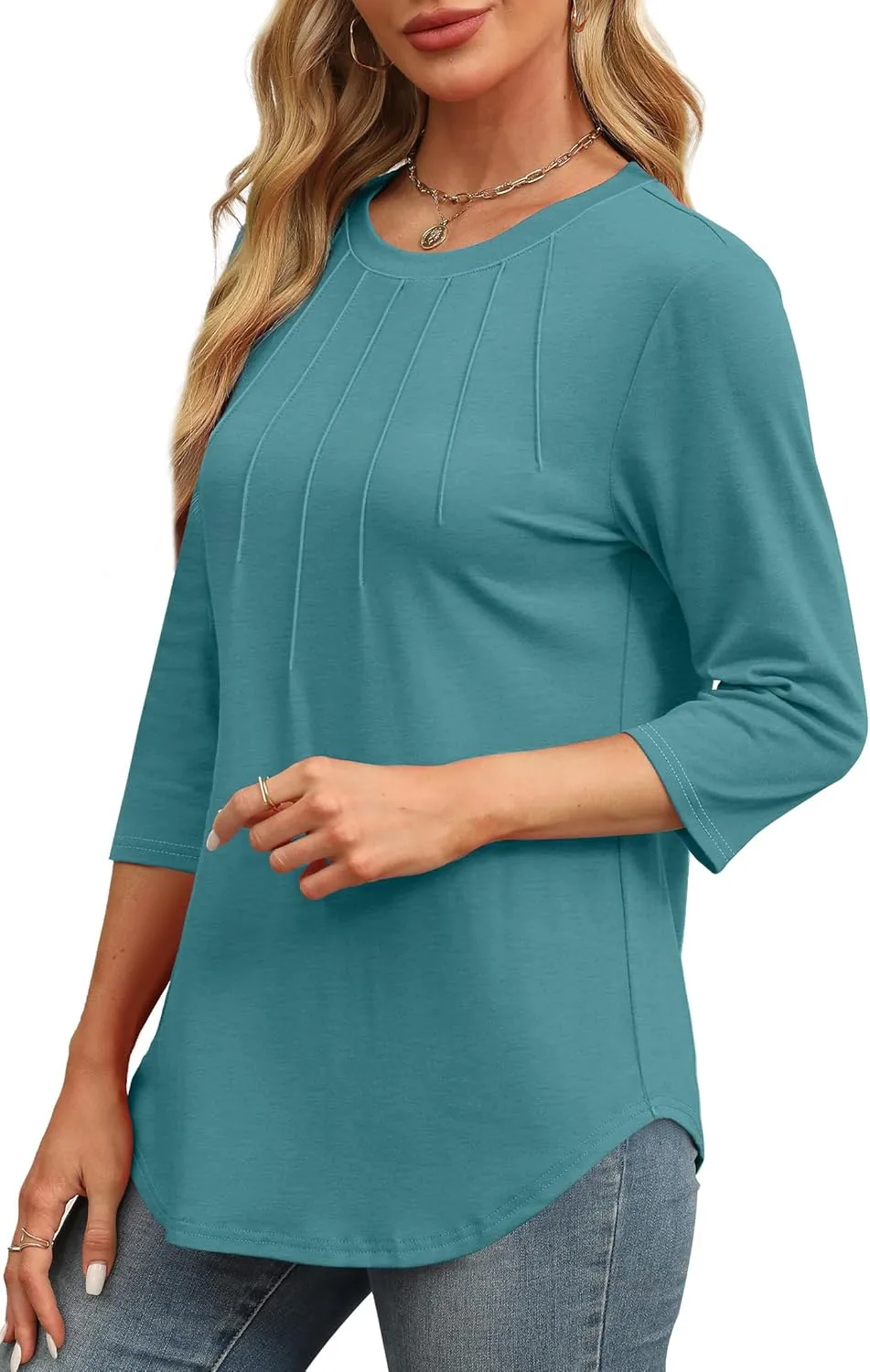 XIEERDUO 3/4 Length Sleeve Womens Tops Round Neck Casual Tunic Tops Basic Pleated Shirts Loose Fit 2025