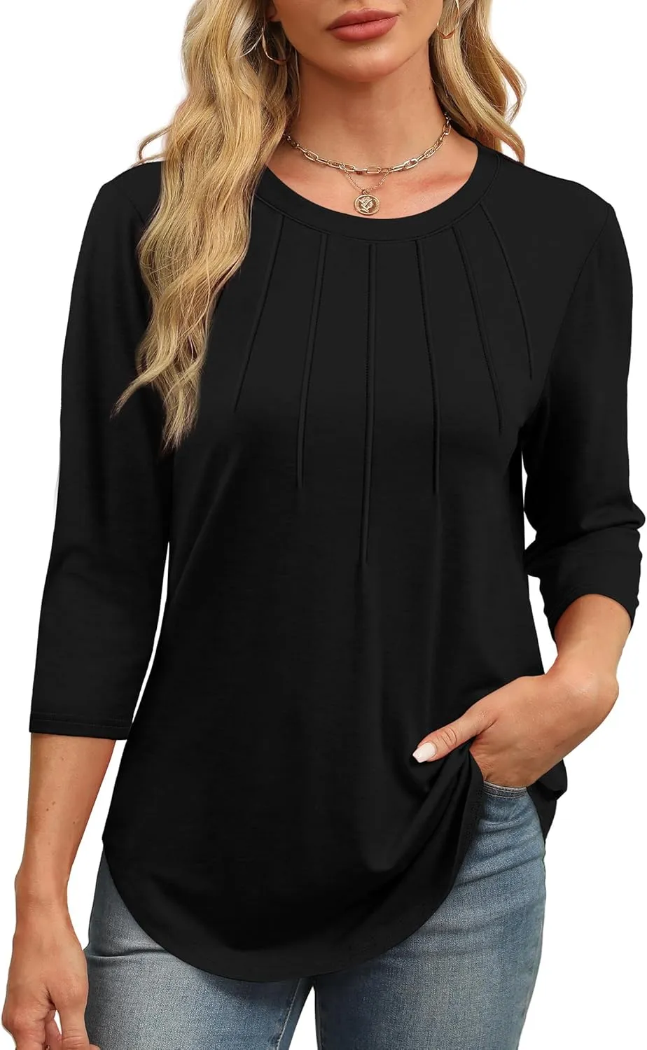 XIEERDUO 3/4 Length Sleeve Womens Tops Round Neck Casual Tunic Tops Basic Pleated Shirts Loose Fit 2025