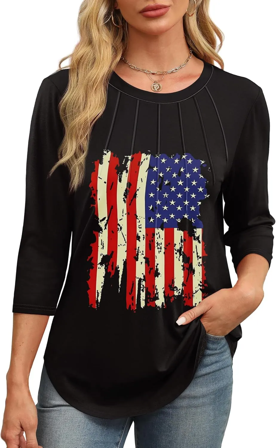 XIEERDUO 3/4 Length Sleeve Womens Tops Round Neck Casual Tunic Tops Basic Pleated Shirts Loose Fit 2025