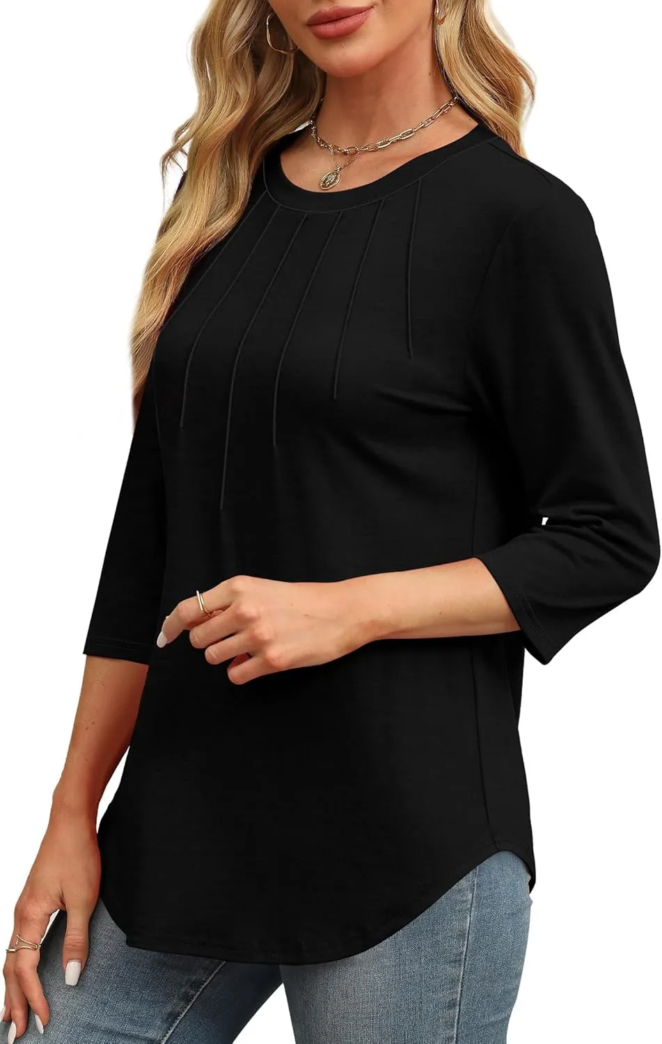 XIEERDUO 3/4 Length Sleeve Womens Tops Round Neck Casual Tunic Tops Basic Pleated Shirts Loose Fit 2025