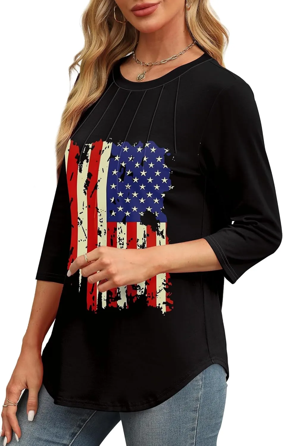 XIEERDUO 3/4 Length Sleeve Womens Tops Round Neck Casual Tunic Tops Basic Pleated Shirts Loose Fit 2025