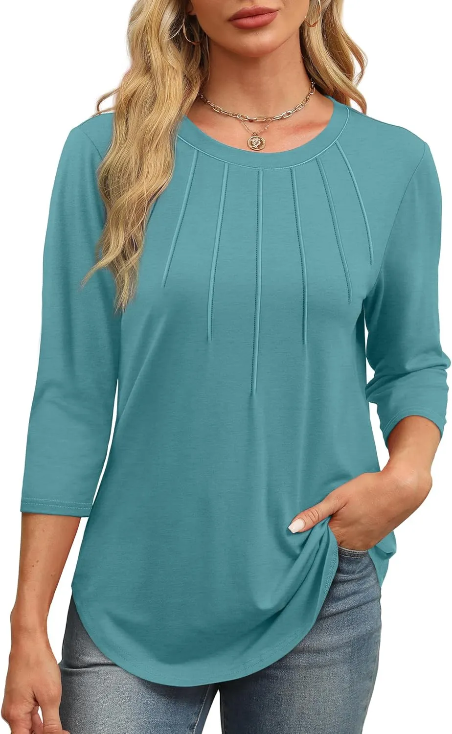 XIEERDUO 3/4 Length Sleeve Womens Tops Round Neck Casual Tunic Tops Basic Pleated Shirts Loose Fit 2025