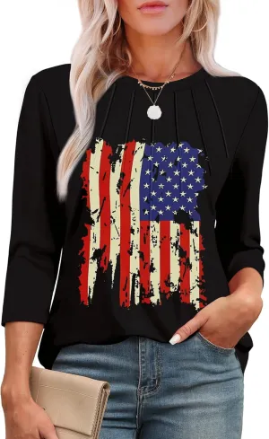 XIEERDUO 3/4 Length Sleeve Womens Tops Round Neck Casual Tunic Tops Basic Pleated Shirts Loose Fit 2025