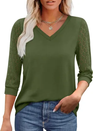 XIEERDUO 3/4 Length Sleeve Womens Tops V-Neck Lace Tunic Tops Business Casual Blouses 2025