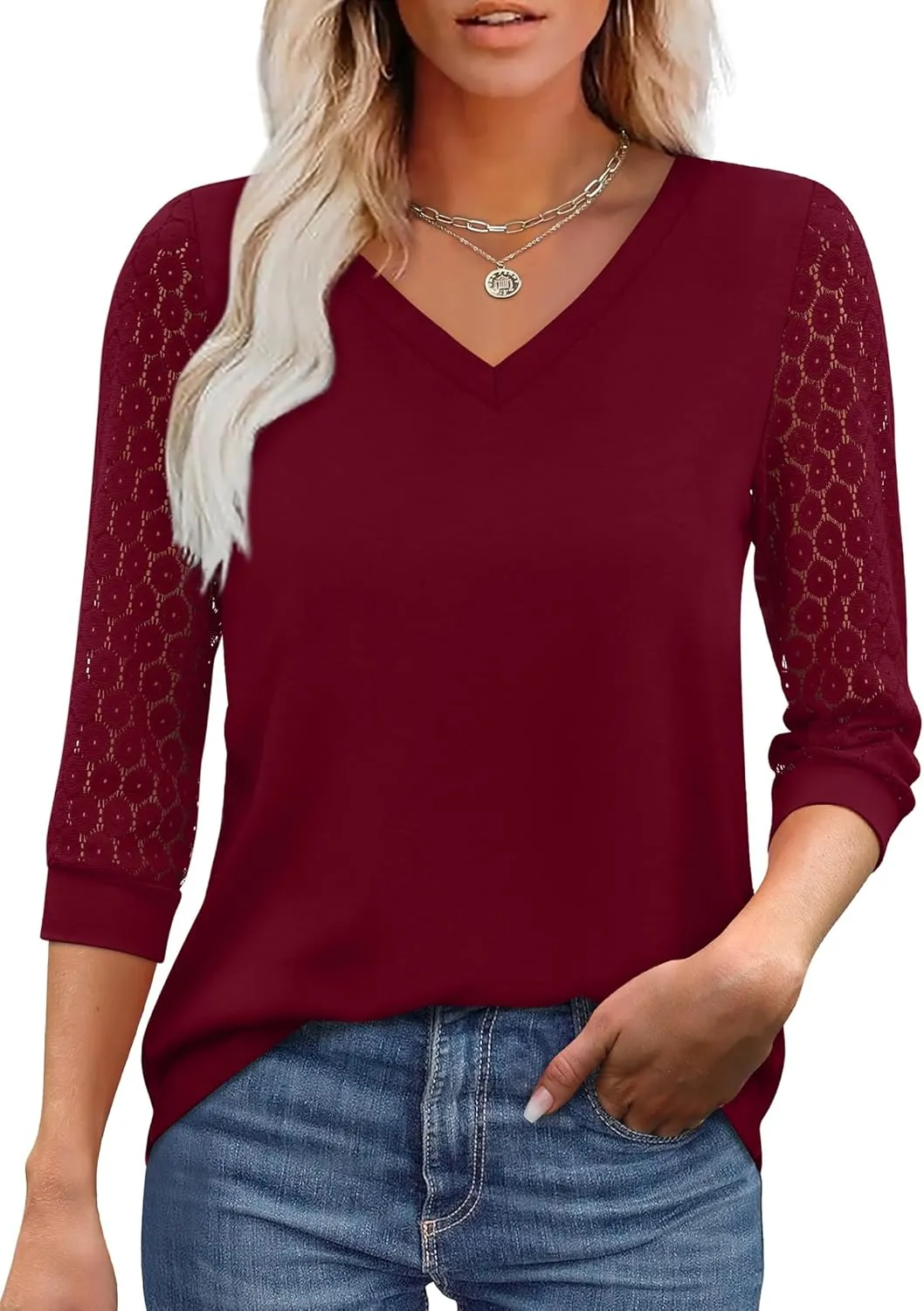 XIEERDUO 3/4 Length Sleeve Womens Tops V-Neck Lace Tunic Tops Business Casual Blouses 2025