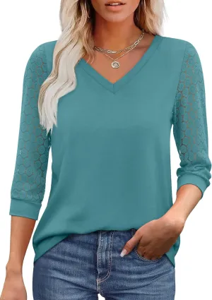 XIEERDUO 3/4 Length Sleeve Womens Tops V-Neck Lace Tunic Tops Business Casual Blouses 2025