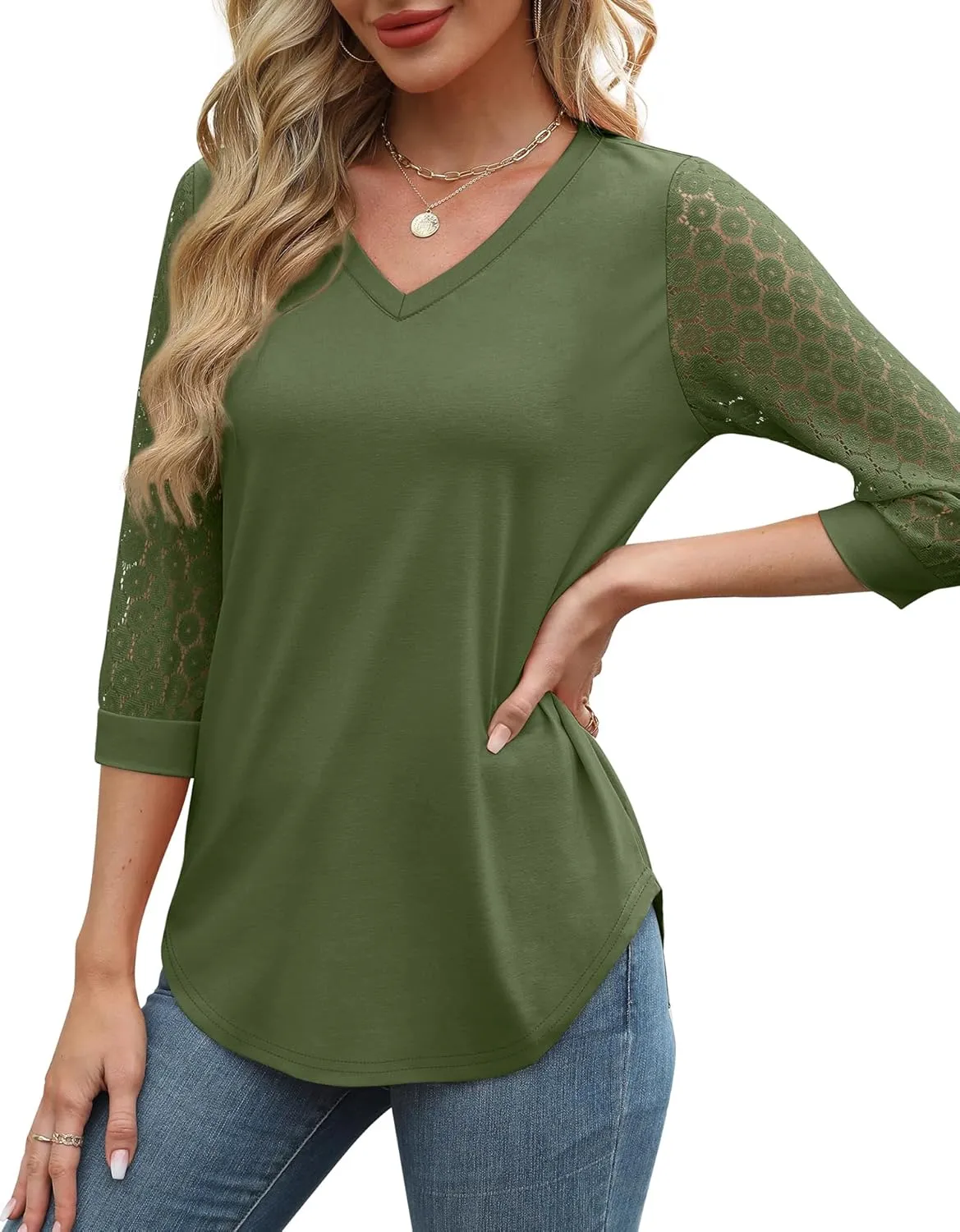 XIEERDUO 3/4 Length Sleeve Womens Tops V-Neck Lace Tunic Tops Business Casual Blouses 2025
